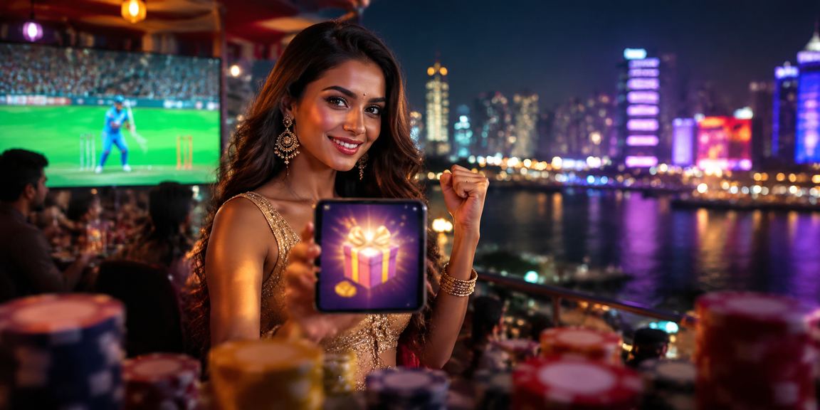 Bright neon lights advertising cricket betting promotions in India